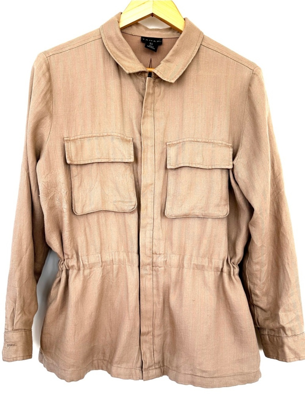 Tahari Womenβs Tan Utility Jacket, Drawstring Waist, Linen Blend, Lined